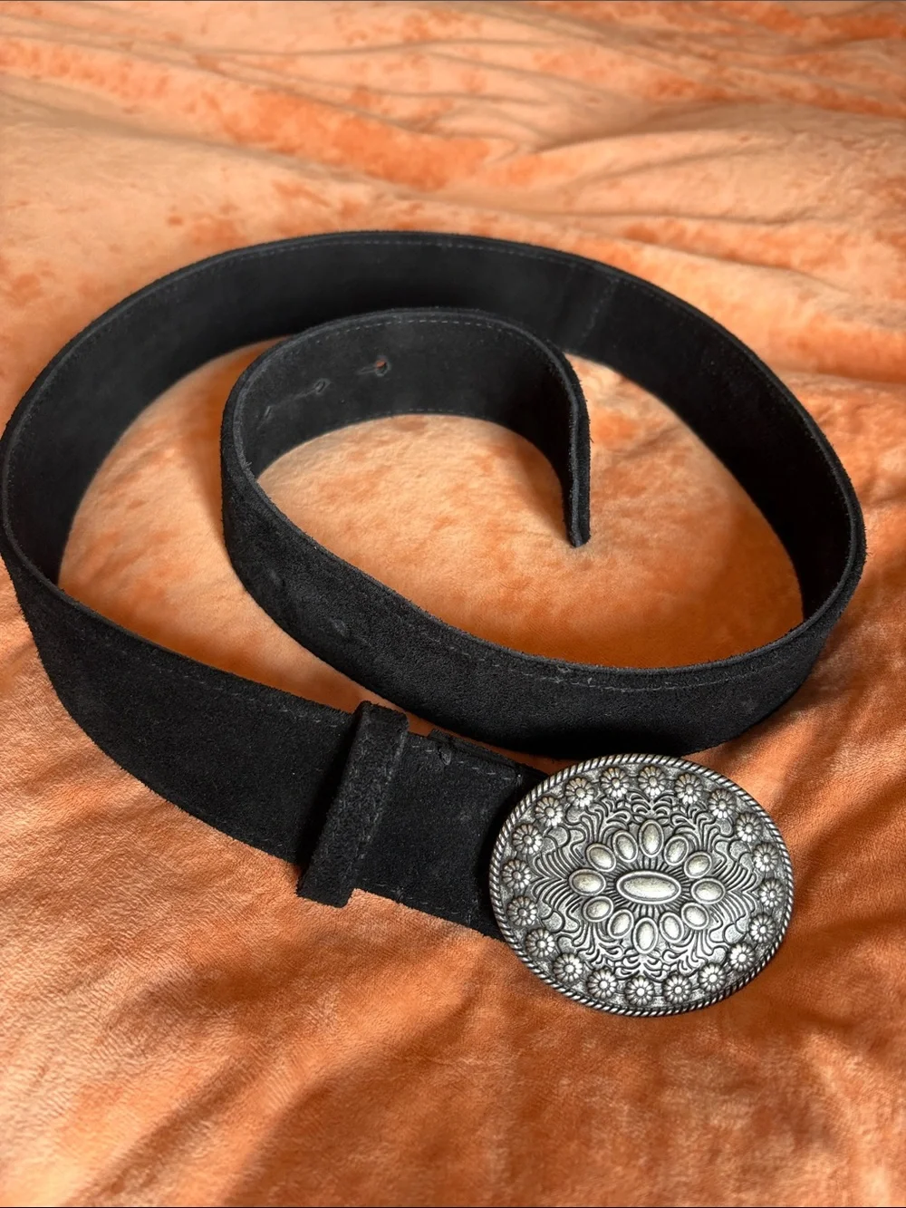 Silver Floral Western Buckle on Black Suede Belt